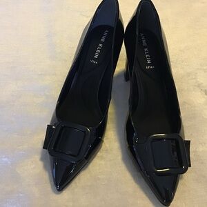 Anne Klein Black Patent Pointed-Toe Buckle Heels